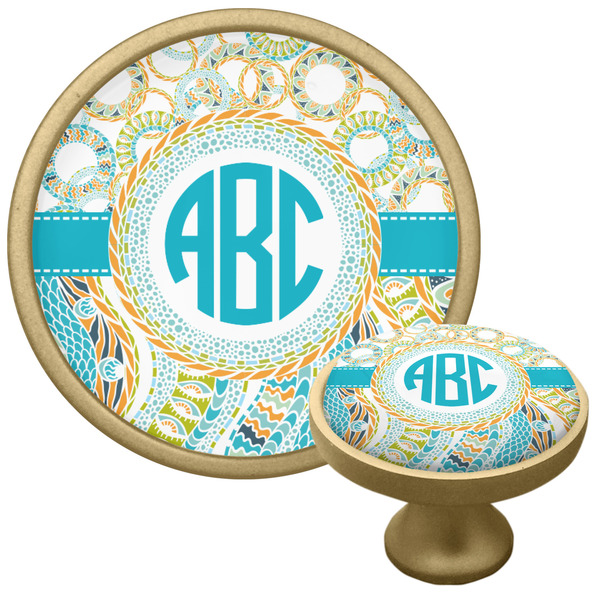 Custom Teal Circles & Stripes Cabinet Knob - Gold (Personalized)