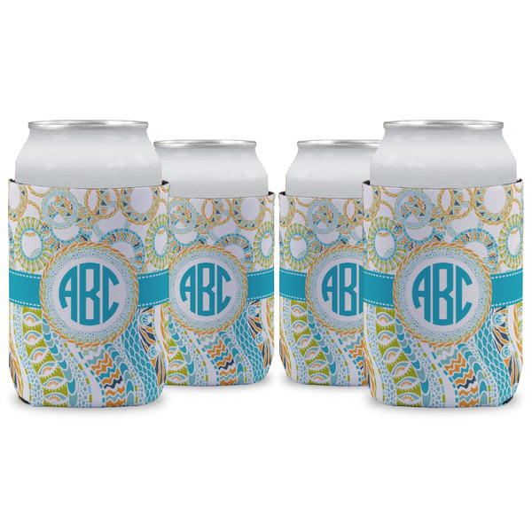 Custom Teal Circles & Stripes Can Cooler (12 oz) - Set of 4 w/ Monogram