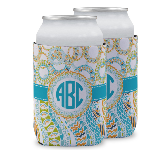 Custom Teal Circles & Stripes Can Cooler (12 oz) w/ Monogram