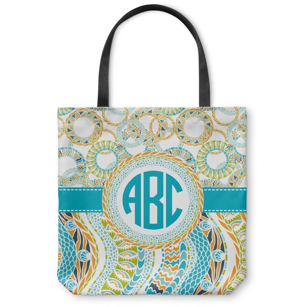 Custom Teal Circles & Stripes Canvas Tote Bag - Large - 18"x18" (Personalized)