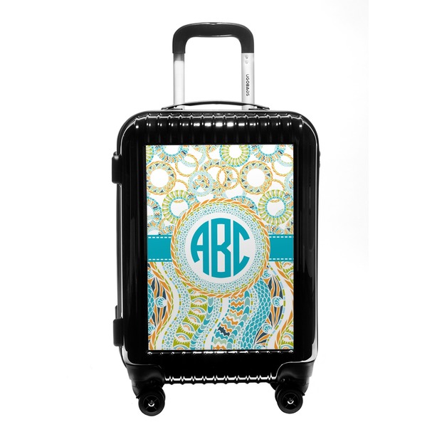 Custom Teal Circles & Stripes Carry On Hard Shell Suitcase (Personalized)