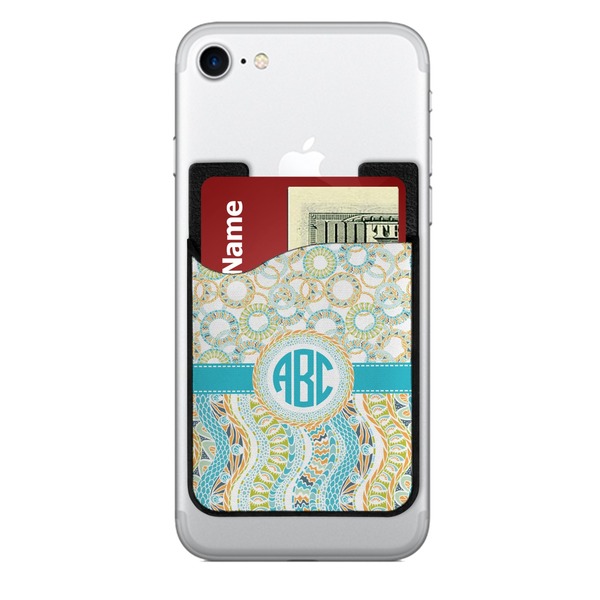 Custom Teal Circles & Stripes 2-in-1 Cell Phone Credit Card Holder & Screen Cleaner (Personalized)