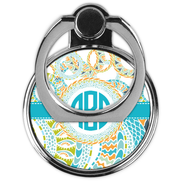 Teal Circles & Stripes Cell Phone Ring Stand & Holder - Front (Collapsed)