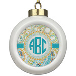 Teal Circles & Stripes Ceramic Ball Ornament (Personalized)