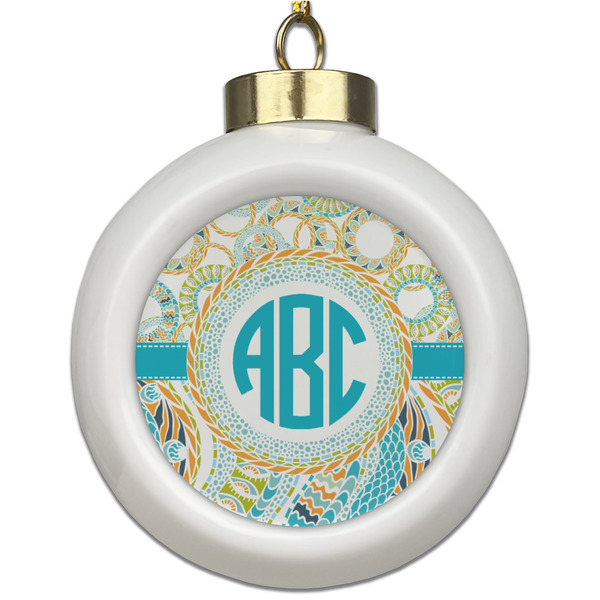 Custom Teal Circles & Stripes Ceramic Ball Ornament (Personalized)