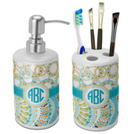 Teal Circles & Stripes Ceramic Bathroom Accessories Set (Personalized)