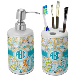 Teal Circles & Stripes Ceramic Bathroom Accessories Set (Personalized)