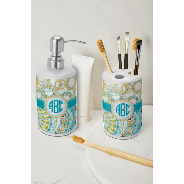 Teal Circles & Stripes Ceramic Bathroom Accessories - LIFESTYLE (toothbrush holder & soap dispenser)