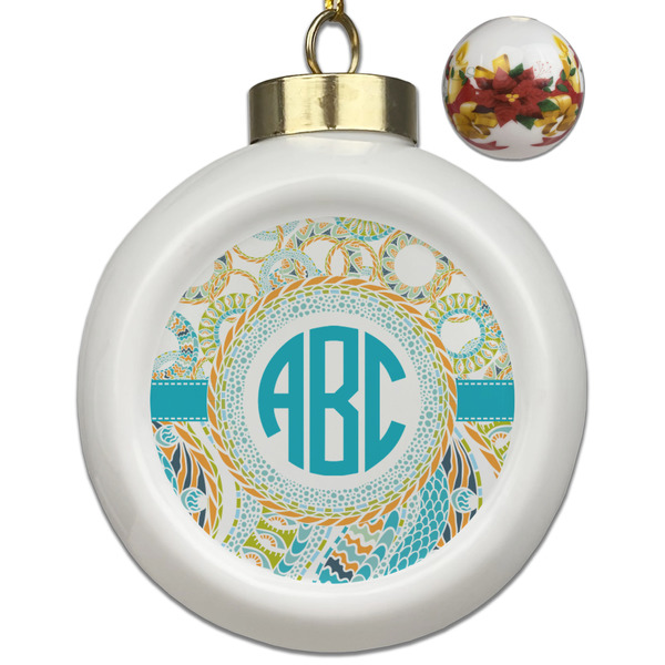 Custom Teal Circles & Stripes Ceramic Ball Ornaments - Poinsettia Garland (Personalized)