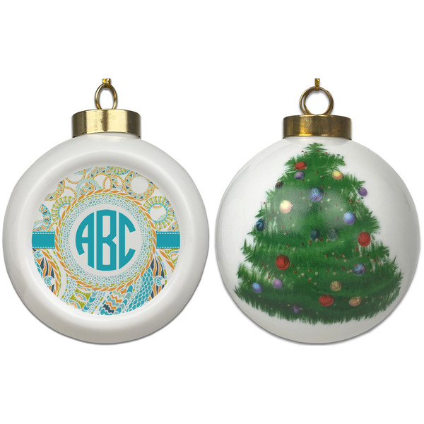 Teal Circles & Stripes Ceramic Christmas Ornament - X-Mas Tree (APPROVAL)