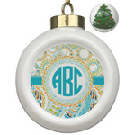 Teal Circles & Stripes Ceramic Ball Ornament - Christmas Tree (Personalized)
