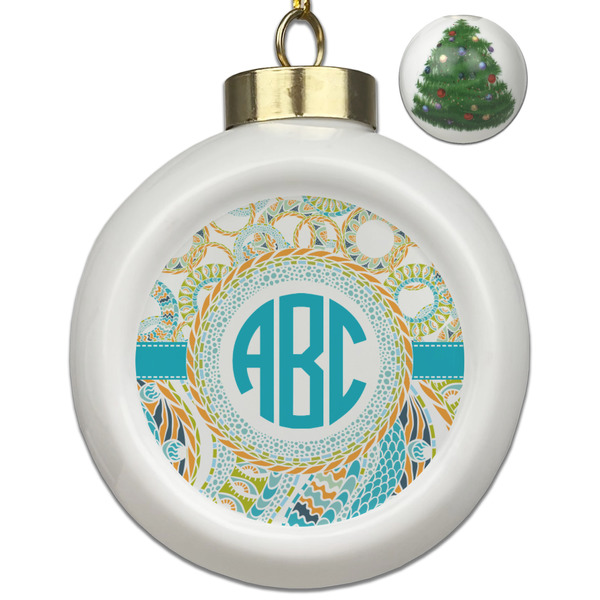 Custom Teal Circles & Stripes Ceramic Ball Ornament - Christmas Tree (Personalized)