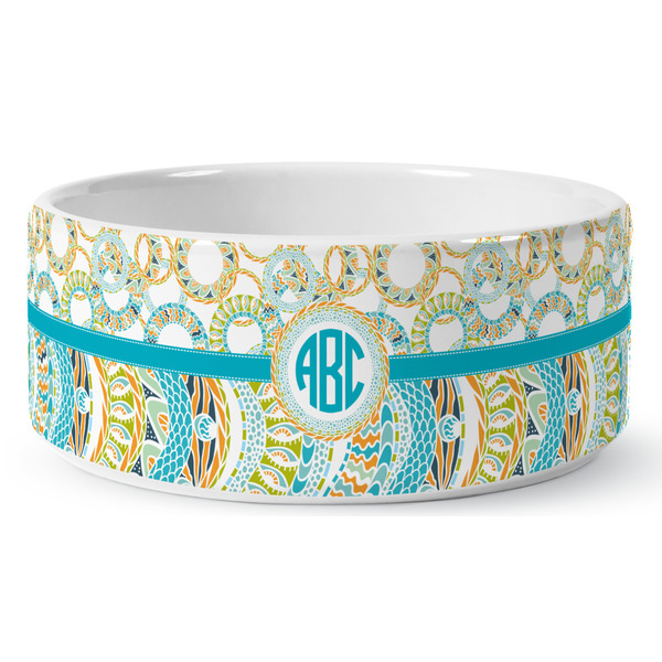 Teal Circles & Stripes Ceramic Dog Bowl - Medium - Front