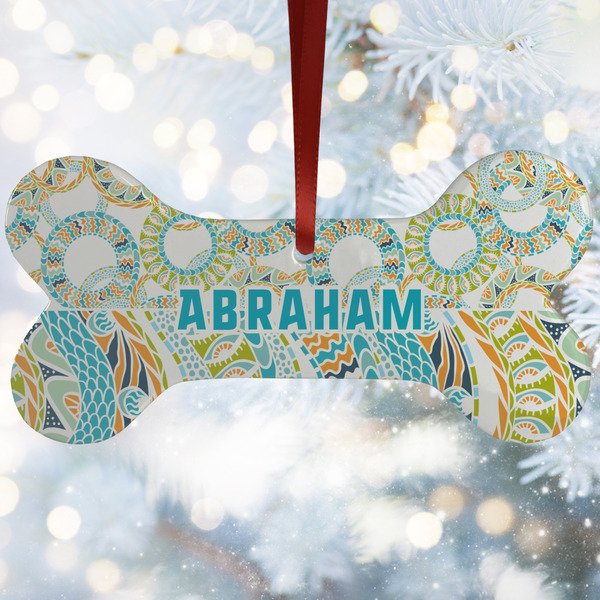 Custom Teal Circles & Stripes Ceramic Dog Ornament w/ Monograms