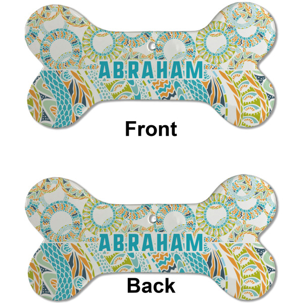 Teal Circles & Stripes Ceramic Flat Ornament - Bone Front & Back (APPROVAL)