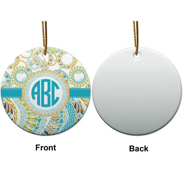 Teal Circles & Stripes Ceramic Flat Ornament - Circle Front & Back (APPROVAL)