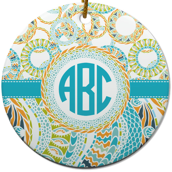 Teal Circles & Stripes Ceramic Flat Ornament - Circle (Front)