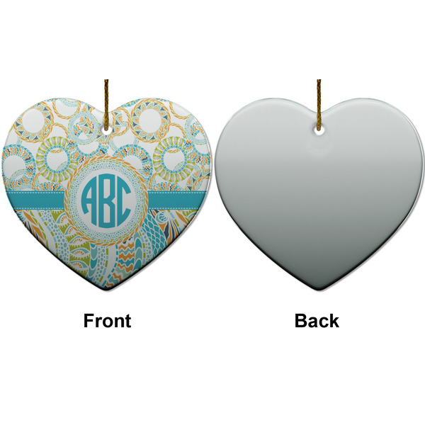 Teal Circles & Stripes Ceramic Flat Ornament - Heart Front & Back (APPROVAL)