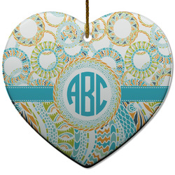 Teal Circles & Stripes Heart Ceramic Ornament w/ Monogram