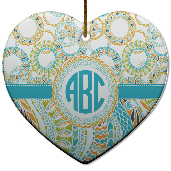Custom Teal Circles & Stripes Heart Ceramic Ornament w/ Monogram