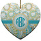Teal Circles & Stripes Ceramic Flat Ornament - Heart (Front)