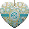 Teal Circles & Stripes Heart Ceramic Ornament w/ Monogram
