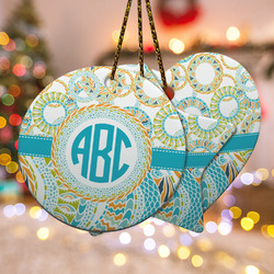 Teal Circles & Stripes Ceramic Ornament w/ Monogram
