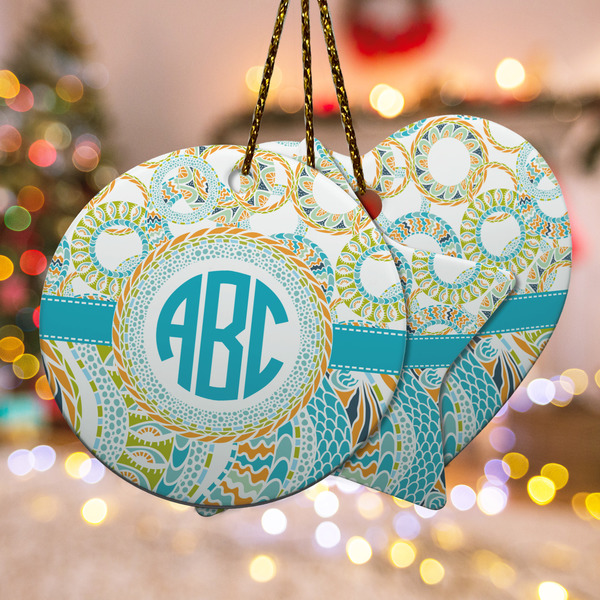 Custom Teal Circles & Stripes Ceramic Ornament w/ Monogram