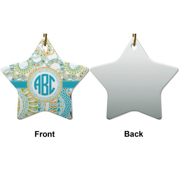 Teal Circles & Stripes Ceramic Flat Ornament - Star Front & Back (APPROVAL)
