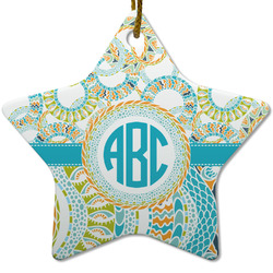Teal Circles & Stripes Star Ceramic Ornament w/ Monogram