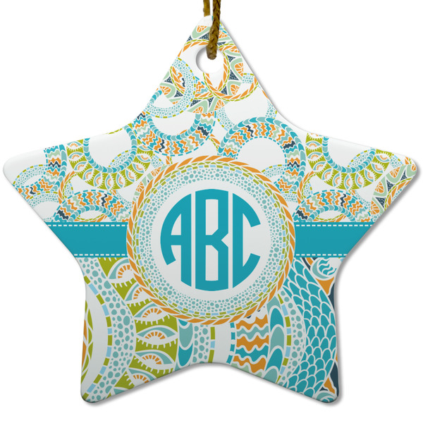 Custom Teal Circles & Stripes Star Ceramic Ornament w/ Monogram
