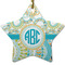 Teal Circles & Stripes Star Ceramic Ornament w/ Monogram
