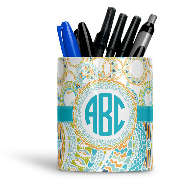 Custom Teal Circles & Stripes Ceramic Pen Holder