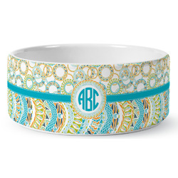 Teal Circles & Stripes Ceramic Dog Bowl - Large (Personalized)