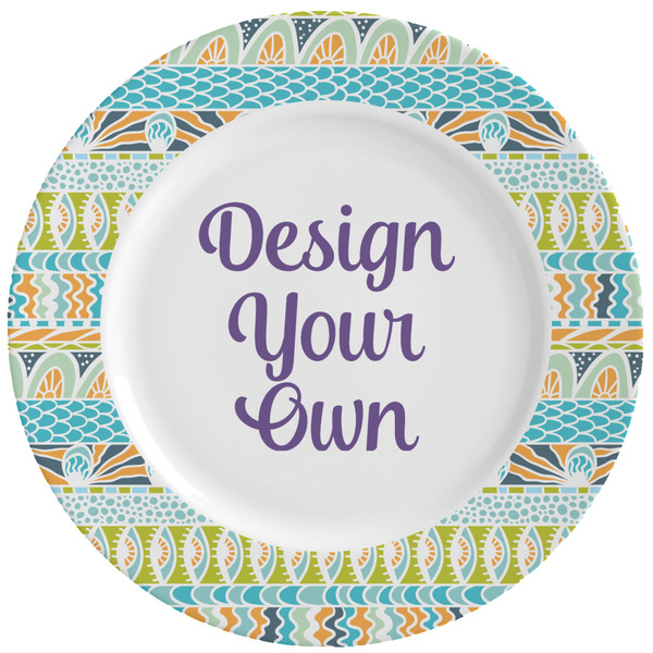 Custom Teal Circles & Stripes Ceramic Dinner Plates (Set of 4) (Personalized)