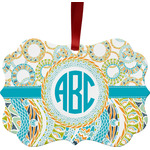 Teal Circles & Stripes Metal Frame Ornament - Double Sided w/ Monogram