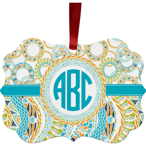 Custom Teal Circles & Stripes Metal Frame Ornament - Double Sided w/ Monogram