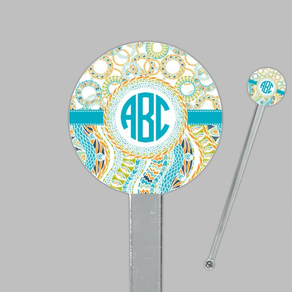 Teal Circles & Stripes Clear Plastic 7" Stir Stick - Round - Closeup