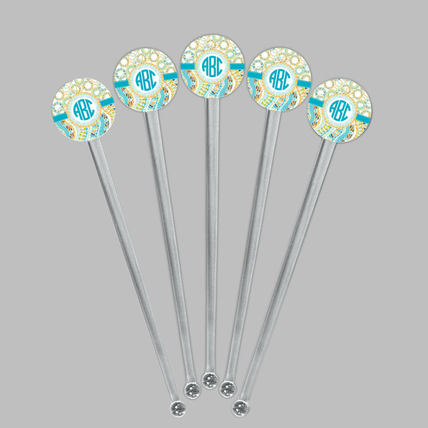 Teal Circles & Stripes Clear Plastic 7" Stir Stick - Round - Fan View