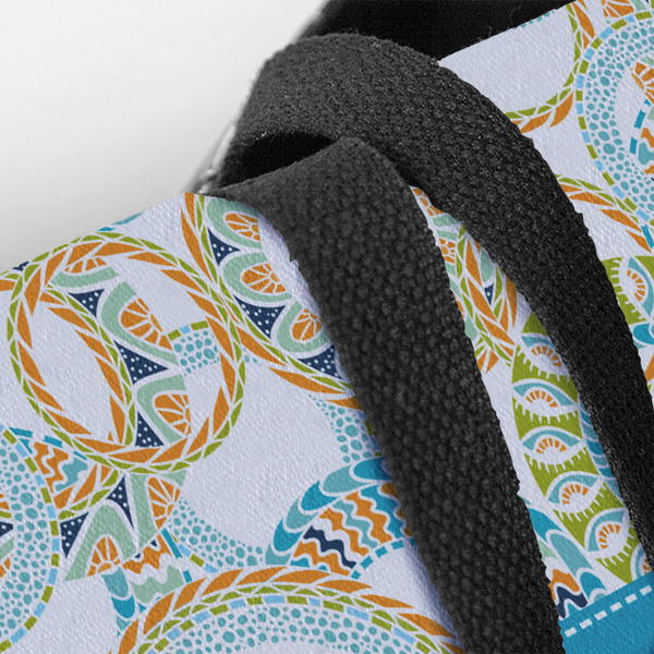 Teal Circles & Stripes Closeup of Tote w/Black Handles