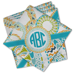 Teal Circles & Stripes Cloth Cocktail Napkins - Set of 4 w/ Monogram