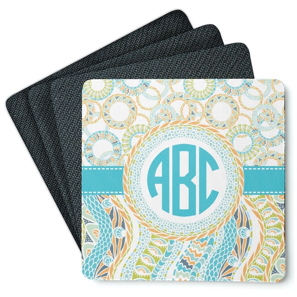 Custom Teal Circles & Stripes Square Rubber Backed Coasters - Set of 4 (Personalized)