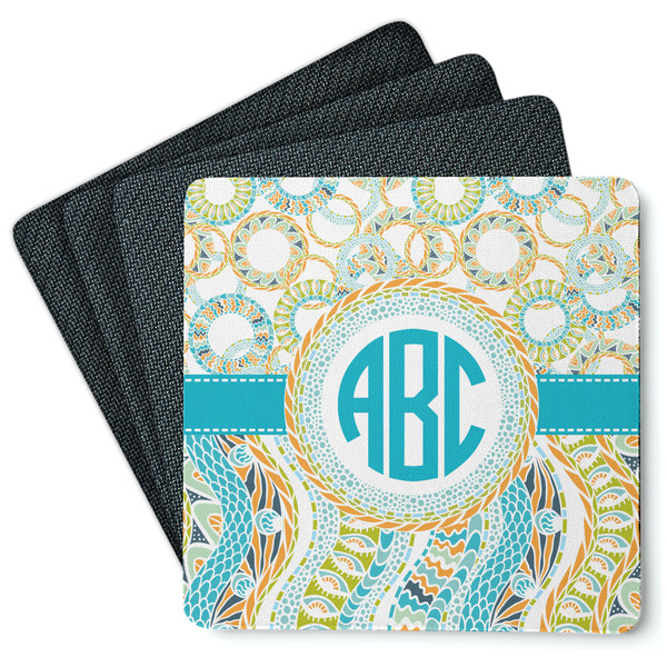 Custom Teal Circles & Stripes Square Rubber Backed Coasters - Set of 4 (Personalized)