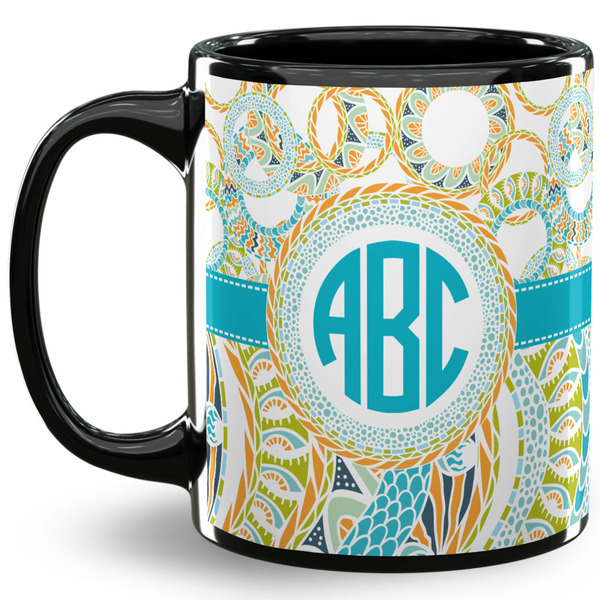 Custom Teal Circles & Stripes 11 Oz Coffee Mug - Black (Personalized)