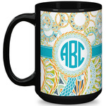 Teal Circles & Stripes 15 Oz Coffee Mug - Black (Personalized)
