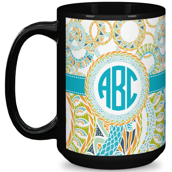 Custom Teal Circles & Stripes 15 Oz Coffee Mug - Black (Personalized)