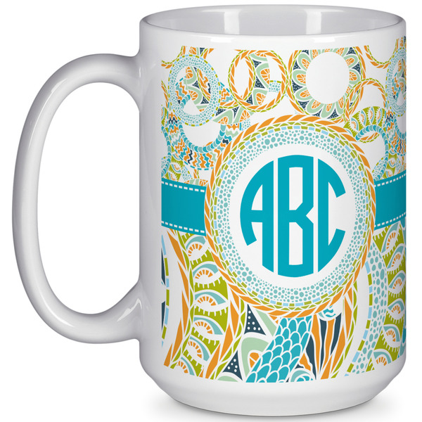 Custom Teal Circles & Stripes 15 Oz Coffee Mug - White (Personalized)