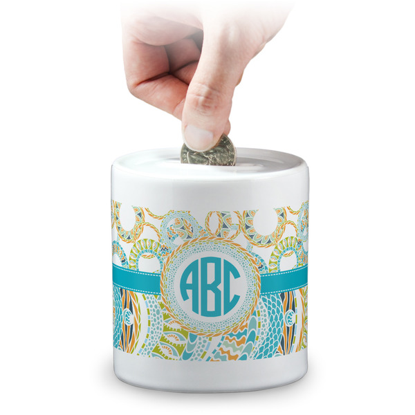Custom Teal Circles & Stripes Coin Bank (Personalized)