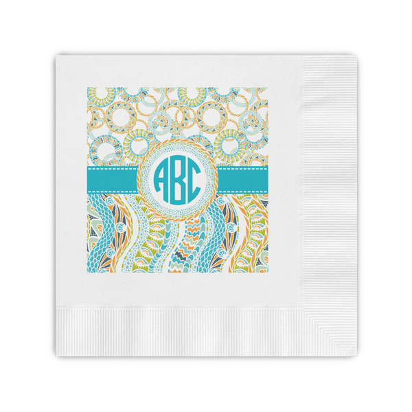Custom Teal Circles & Stripes Coined Cocktail Napkins (Personalized)