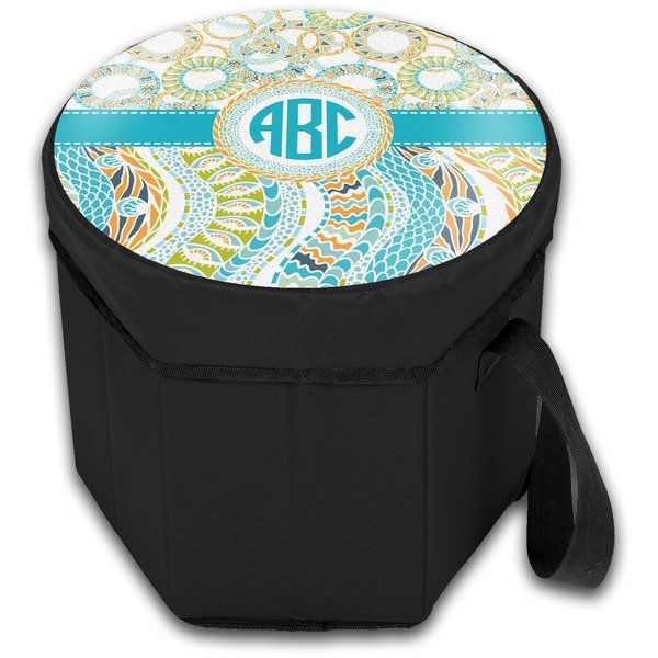 Teal Circles & Stripes Collapsible Personalized Cooler & Seat (Closed)
